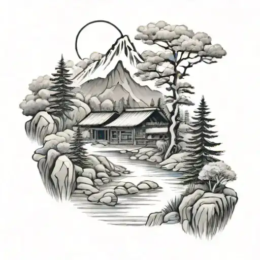 Mountain Scene with river and pond. add a traditional japanese house tattoo design idea