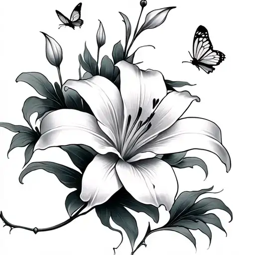 Chinese fan lilly flower with butter fly tattoo design idea