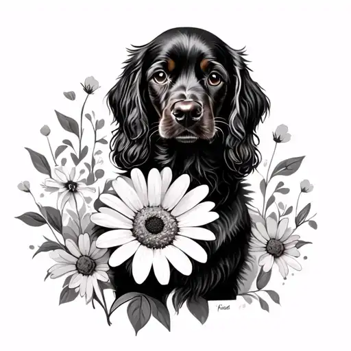 black cocker spaniel dog, daisy flower, Hilary name tattoo design idea