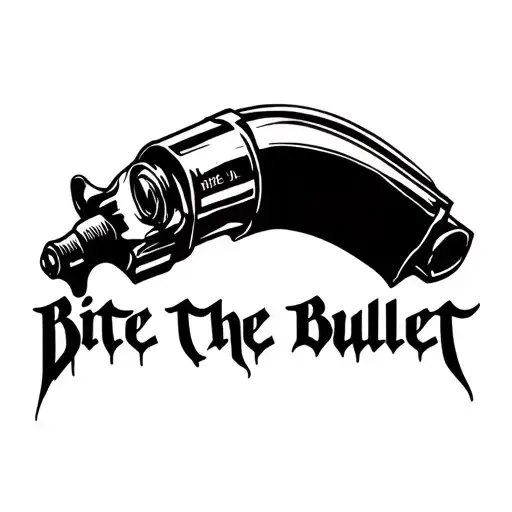 "Bite The Bullet" "Bite The Bullet", Blackwork Dark Lettering Calligraphy Chaotic Hardcore, Soft-Edge, High-Contrast Black Ink Expressive tattoo design idea