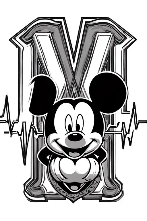 At the end of the line the letter M followed by heartbeat followed by a head of Mickey all on the same line tattoo design idea