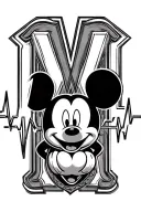 At the end of the line the letter M followed by heartbeat followed by a head of Mickey all on the same line tattoo design idea