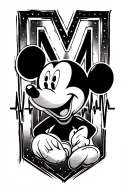 At the end of the line the letter M followed by heartbeat followed by a head of Mickey all on the same line tattoo design idea