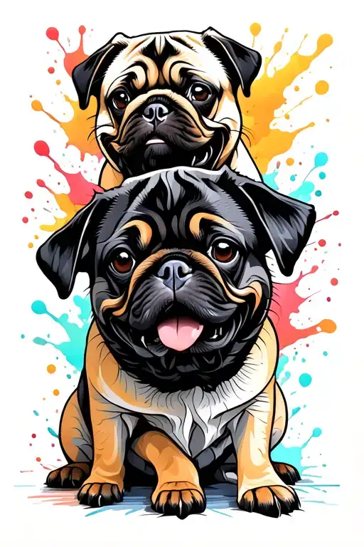 a tan pug, a black pug and a white german shepard playing with colour splashed around them tattoo design idea