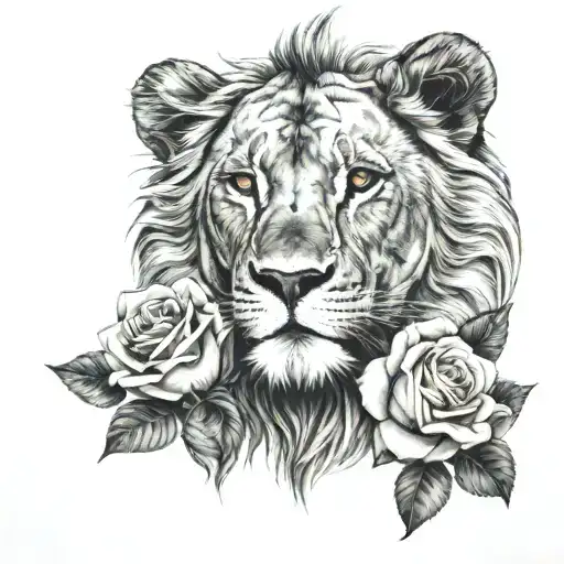 lion with three roses tattoo design idea