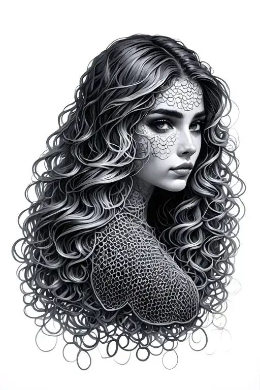 The translucent chain mail through which female figuratile wavy hair is visible into the windecorative hair tattoo design idea