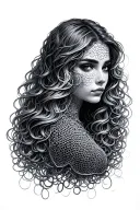 The translucent chain mail through which female figuratile wavy hair is visible into the windecorative hair tattoo design idea
