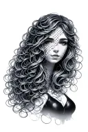 The translucent chain mail through which female figuratile wavy hair is visible into the windecorative hair tattoo design idea