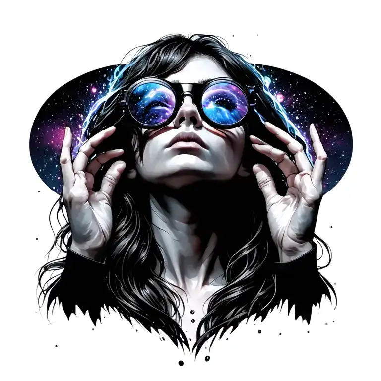 Girl in profile looking up with rave glases her hands on the glases looking up with a universe pouring out of the glases tattoo design idea