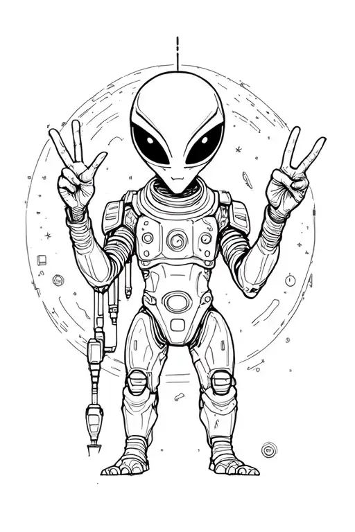  alien holding up peace sign in a space ship tattoo design idea