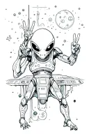  alien holding up peace sign in a space ship tattoo design idea