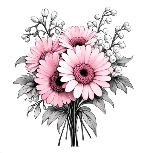 Calendula, pink, daisy bouquet, lily of the valley tattoo design idea