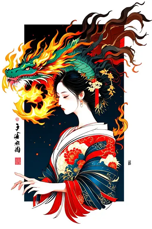 japanese woman and dragon breathing fire tattoo design idea