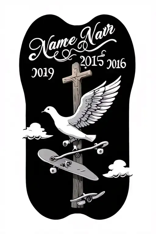 name and date place clouds a cross a skateboard a dove and angel wings  tattoo design idea