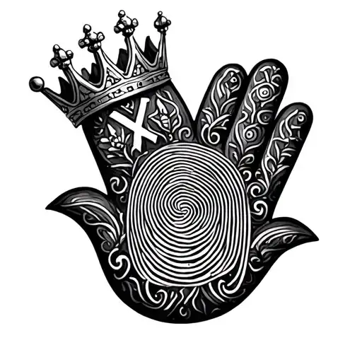 jewish hamsa hand with kings crown and fingerprint  tattoo design idea