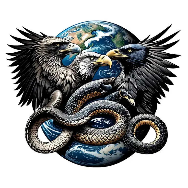 Planet earth, eagle at the left, raven at the right, snake at the middle of the earth tattoo design idea