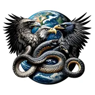 Planet earth, eagle at the left, raven at the right, snake at the middle of the earth tattoo design idea