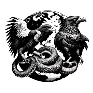 Planet earth, eagle at the left, raven at the right, snake at the middle of the earth tattoo design idea