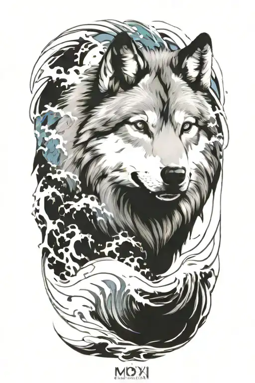 A wolf surrounded by waves, knifes and tears, also a date of birth in roman numbers "MCMLXXXI" tattoo design idea