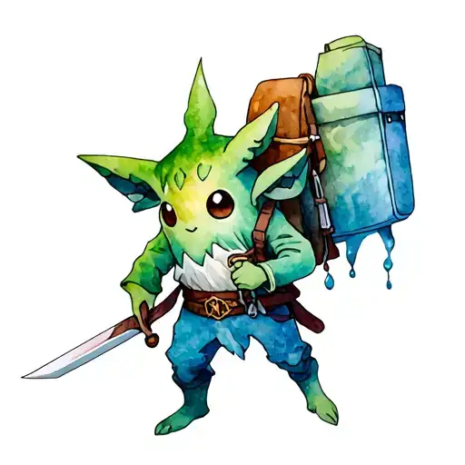 zelda tears of the kingdom korok holding a sword and wearing a large backpack making the korok almost fall over tattoo design idea