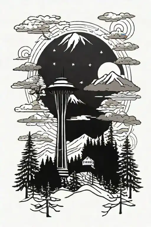 Space Needle, pine trees, and Colorado mountains tattoo design idea