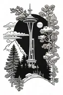 Space Needle, pine trees, and Colorado mountains tattoo design idea