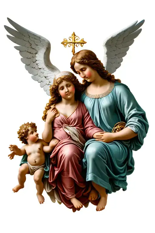 mother and father guardian angel looking over two cherubs tattoo design idea