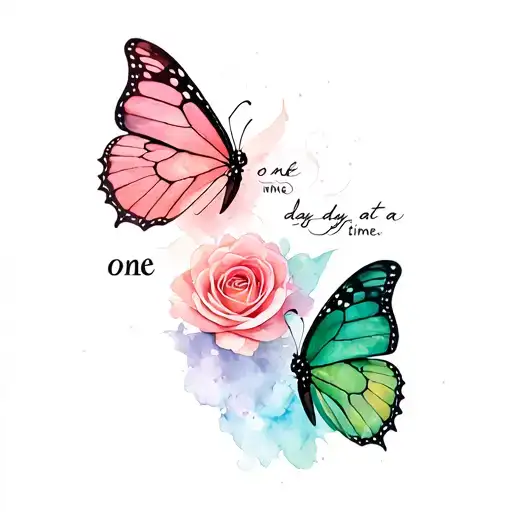 two butterflies, one rose colour the other one green on the beginning and the end of the phrase öne day at a time". tattoo design idea
