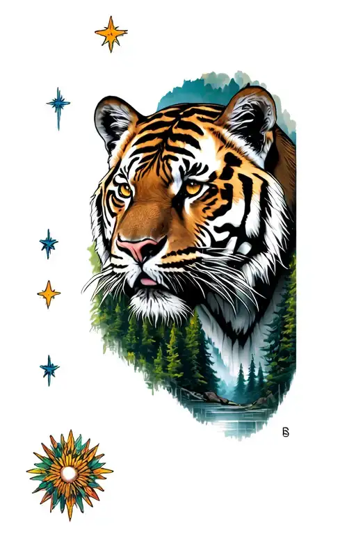 tiger head head on, with a forest landscape below, 4 small starbursts, fine lines and some colour highlights tattoo design idea