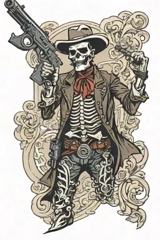 full body tall skinny skeleton western gun slinger with a mustache and one arm behind back tattoo design idea