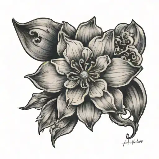 first name Malia with narcissus flower, astrological sign Aries, a heart and date of birth: 03/30/2020 tattoo design idea
