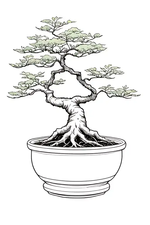 Bonsai tree without pot exposed fine roots minimal foliage tattoo design idea