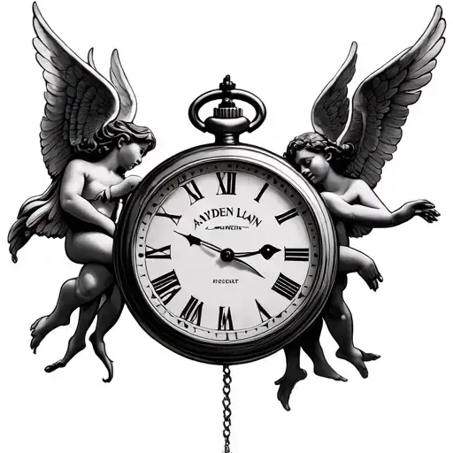 "AYDEN LAYAN" pocket watch with two angels inside tattoo design idea