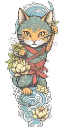 happy smiling ninja cat, katana, water, waves, lotus, sakura, clouds, whirlpool, leaves, peony, sunset tattoo design idea