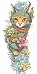happy smiling ninja cat, katana, water, waves, lotus, sakura, clouds, whirlpool, leaves, peony, sunset tattoo design idea