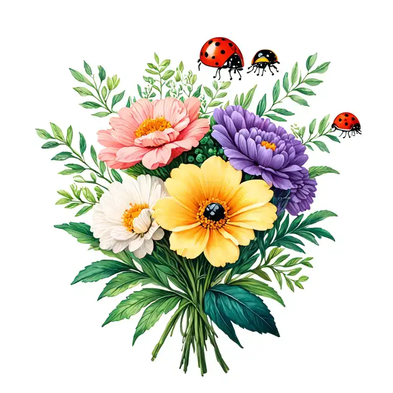 august and october bouquet birth flowers with ladybug colored  tattoo design idea