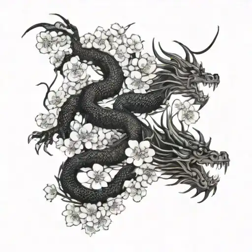 Dragon and cherry blossom tree intertwined tattoo design idea