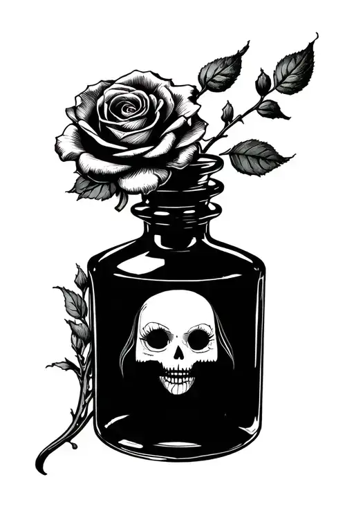 Wednesday Addams poison bottle, no shading, with rose but cut flower cut off tattoo design idea