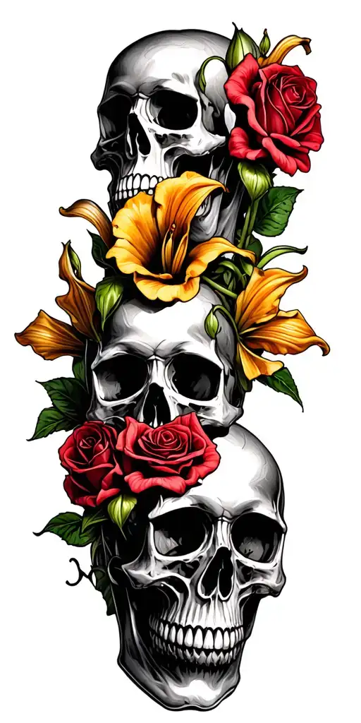 small skulls stacked with roses an Cala lilies growing out them  tattoo design idea
