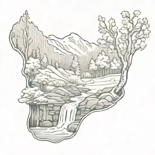 mountains in the background with a waterfall flowing into a river and birch trees with cardinals on the birch trees tattoo design idea