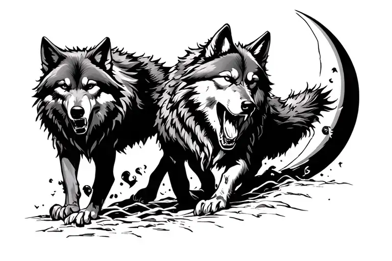 "The wolves look angry and real" Skoll and Hati chasing the sun and moon tattoo design idea