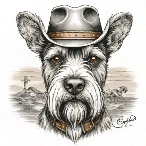 salt and pepper schnauzer with cowboy hat and brown eyes and a collar looking with western background tattoo design idea