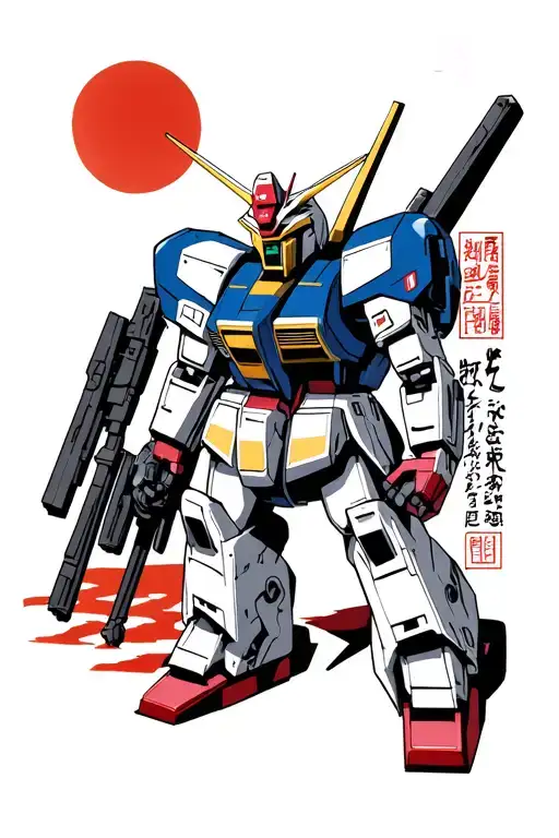 Gundam mobile suit with traditional japanese art surrounding it tattoo design idea