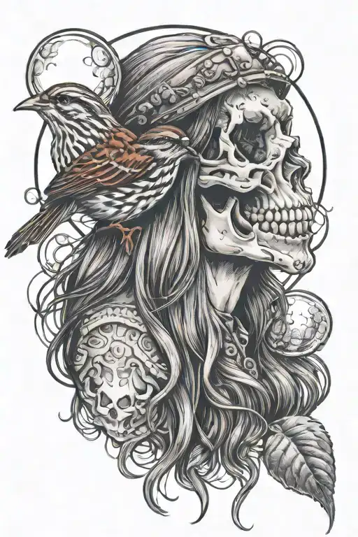 cute song sparrow sitting on long haired girl skull blowing bubble gum tattoo design idea