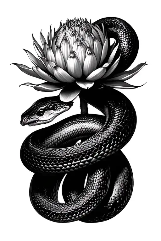 protea flower with stem and black mamba snake wrapped tattoo design idea