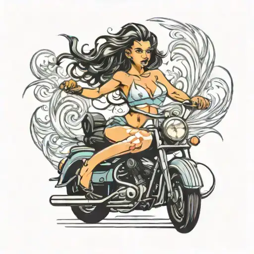 A sexy pin-up girl riding a motorcycle with wind blowing through her hair tattoo design idea