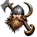Thor viking with beard Viking helmet holding axe tattoo design idea