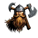 Thor viking with beard Viking helmet holding axe tattoo design idea