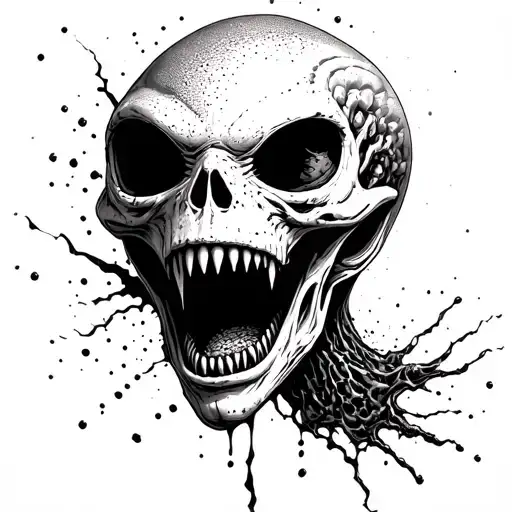 Alien Romulis, an elongated skull with an open mouth with large fangs splashes saliva tattoo design idea