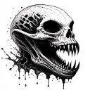 Alien Romulis, an elongated skull with an open mouth with large fangs splashes saliva tattoo design idea